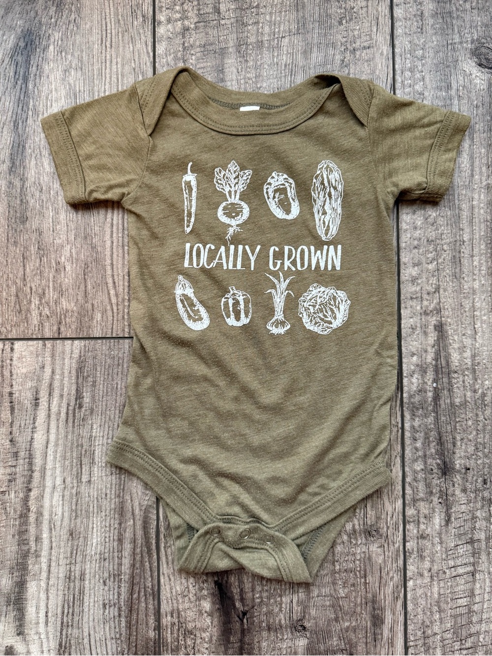 “locally grown” olive green onesie 6-12mo